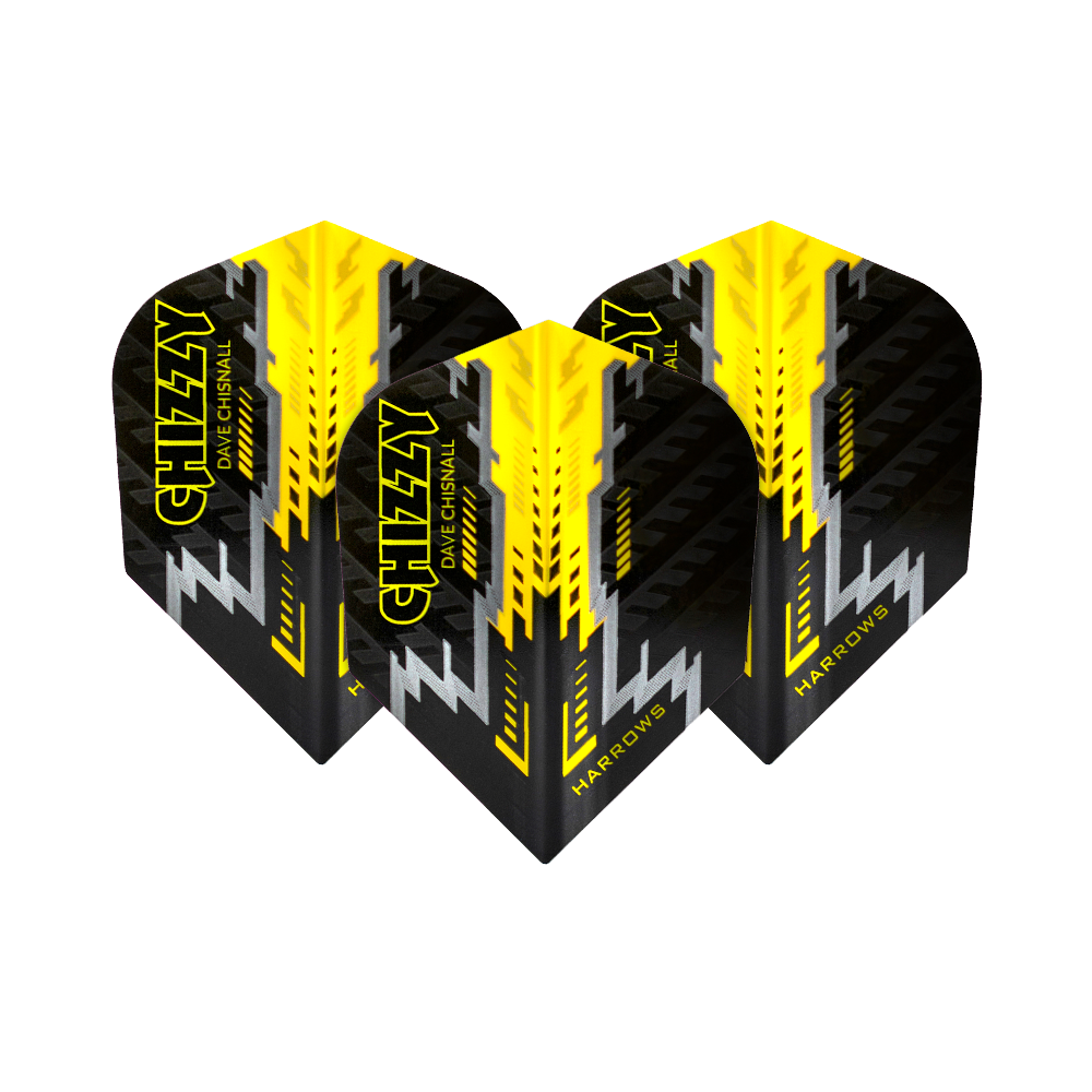 Das Bild zeigt vier Dartflights des Modells „Harrows Dave Chisnall Prime Schwarz Gelb No6“. Die Flights sind in Schwarz, Gelb und Silber gestaltet und tragen den Schriftzug „CHIZZY“.
